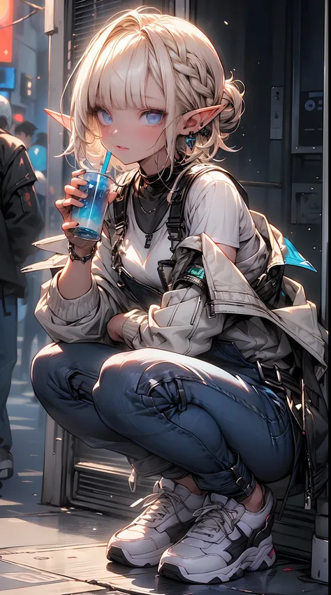 (1elf girl), (beauty elf girl), (ultra-high picture quality), masterpieces, casual scene, squatting beside a mini market, relaxed vibe, holding a beverage, Shes dressed in a trendy techwear outfit, perhaps a stylish jacket and jeans, with comfortable sneak...