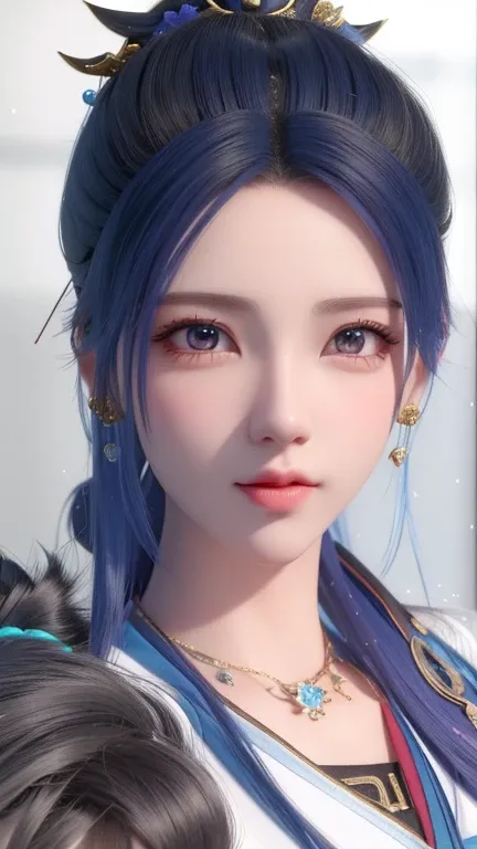 um close up de uma mulher com um cabelo azul e um colar, inspirado por Li Mei-shu, inspirado em Lan Ying, Realistic. Cheng Yi, inspirado em Wu Zuoren, 3 d anime realista, inspirado em Qiu Ying, inspirado em Ju Lian, inspirado em Leng Mei, pintura de person...