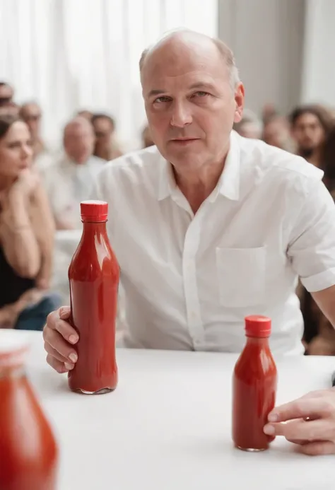 ,(An image of a ketchup bottle at a ketchup-inspired fashion show:1.2),original,Frank is in his 50s. Male. Balding. Overweight. Only wears white tank tops