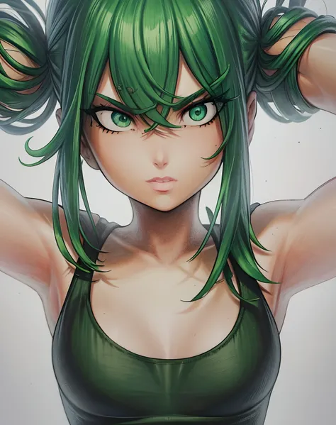 masterpiece, best quality,(best shadow),1girl,looking at viewer,expressive eyes, marker (medium), traditional media, green hair, green eyes, tight tshirt, ((very small tits)), tatsumaki