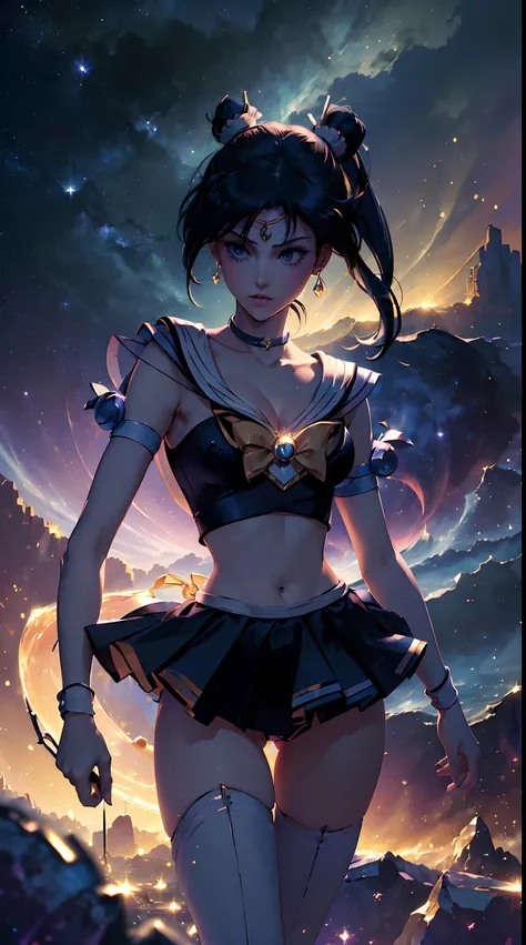 ((Masterpiece)), (Best Quality), (Ultra Detailed), ((Very Detailed)), 4K, (8K), Sailor Moon, Long Blonde Hair, Double Ponytail, Sailor Moon Aesthetics, Dream Core,HD lighting and dark )<=(epic image quality)dark atmosphere with bright particle light(many e...