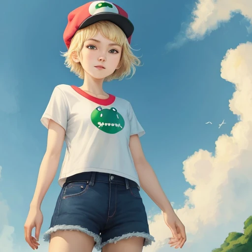 Draw a tomboy girl with short blonde hair and a yoshi hat, desenhe no estilo anime