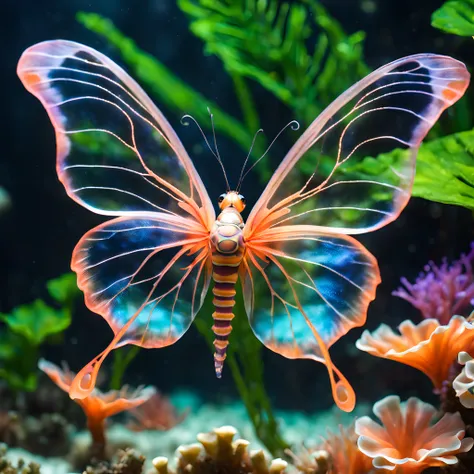 imagine an extraordinary underwater world where a mesmerizing underwater butterfly gracefully glides through the depths, picture...