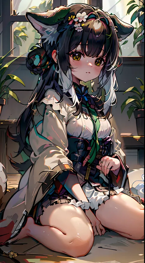 1girl,barefoot,sitting,indoors,black hair,(dog:1.5),plant,animal,hair bun,looking at viewer,potted plant,single hair bun,bangs,solo,window,closed mouth,lamp,black eyes,full body,petting,wide sleeves,holding,on lap,sidelocks,long sleeves,blush,mangguo,, mas...