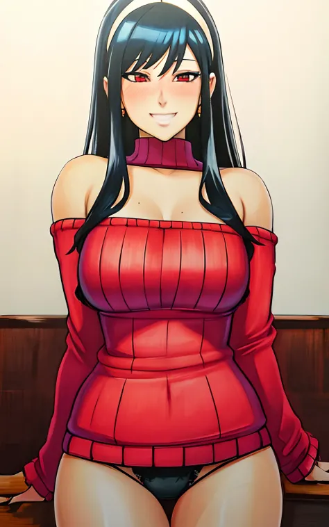 marker (medium), traditional media, unparalleled masterpiece, 8k uhd, perfect artwork, mature woman, yor, black hair, red eyes, long hair, photo, anime, ((panties)), red sweater, off shoulders, blush, white head band, golden earings, black straps, smile, w...