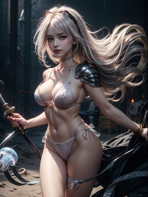 anatomically correct, textured skin, high details, 8k, 1girl, (platinum hair:1.3), (catgirl:1.1), cat ears, real tail, add_detail, masterpiece, micro bikini under translucent armor, ready to fight, armed, blue sword, in a deep dungeon, smiling, translucent...