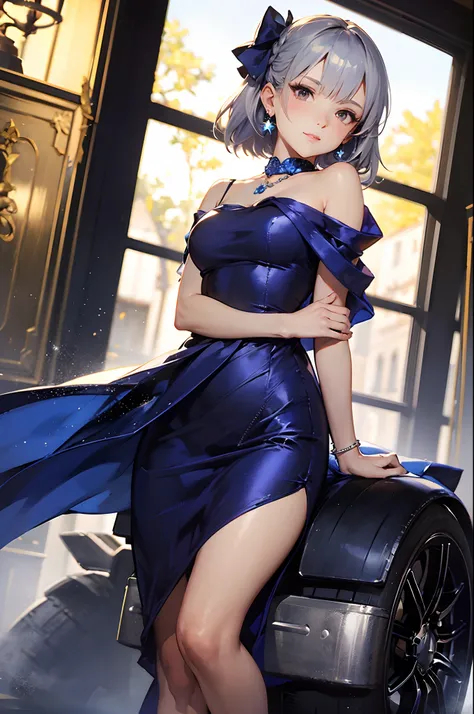 sankta. Luigi (luxurious wheels) (azur lane), 1girll, hair adornments, Earrings, necklace, Portrait, Silver dress, Clothing that exposes, view the viewer, Solo