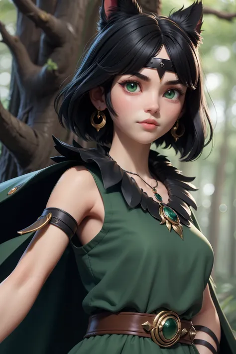 mj3d style,3dmm,3d,(masterpiece, best quality:1.1), ghibli style, san (mononoke hime), 1girl, armlet, bangs, black hair, black undershirt, breasts, cape, circlet, earrings, facepaint, floating hair, forest, fur cape, green eyes, jewelry, looking at viewer,...