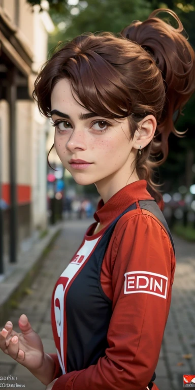 Photo of a 15-year-old European girl, .RAW, beautiful woman, (Light brown hair with ponytail hairstyle ), peinado de cola de caballo ((retrato)), ((Cara detallada:1.2)), ((Detailed facial features)), (Piel finamente detallada), Pale skin , con pecas en mej...