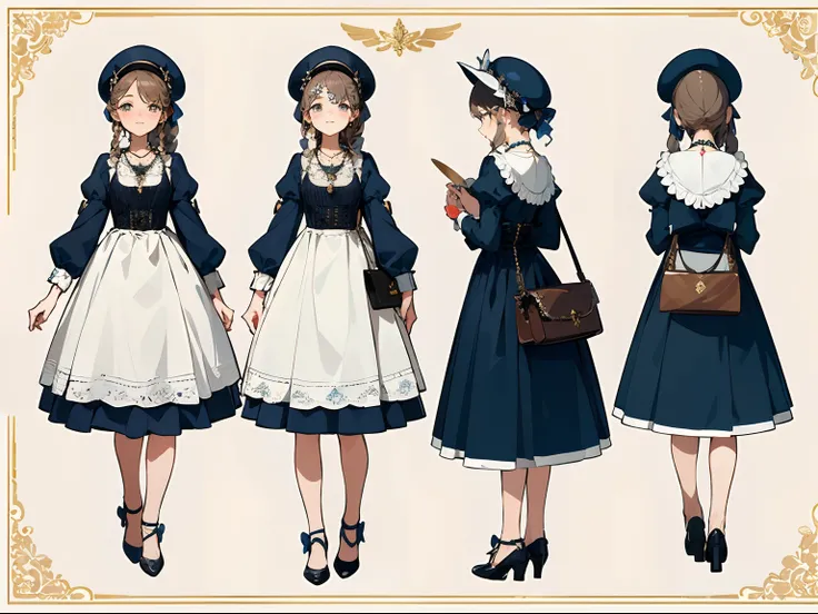 (Masterpiece, best quality) detailed, character sheet, character sheet, many items (same person, dress, necklace, lace, bow, hat, handbag, shoes, fan, decoration, many parts), aristocratic girl, gentle, cute, good-looking skirt, dinner, full of details