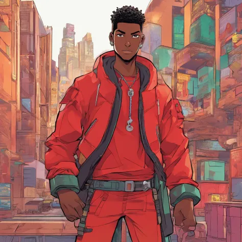 young black character, young male, anime. dimension w anime, dimension w style, cyberpunk style, red techwear outfit, hero pose, cornrows