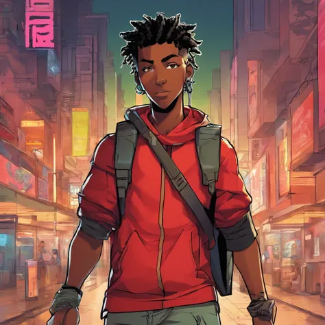 young black character, young male, anime. dimension w anime, dimension w style, cyberpunk style, red techwear outfit, hero pose, cornrows