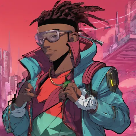 young black character, young male, anime. dimension w anime, dimension w style, cyberpunk style, red techwear outfit, hero pose, cornrows