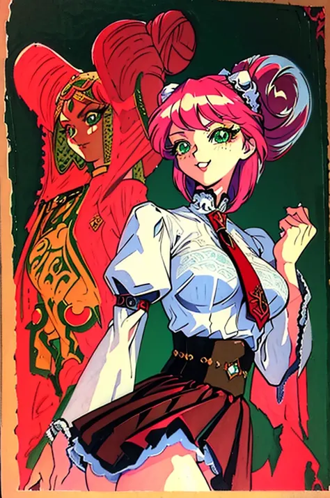 (masterpiece), best quality, highres, NSFW, 
girl, (traditional media, 80s:1.4), (eyelashes:1.5), 
(intricate high detailed body:1.2), (loli:1.4), 
red hair, short hair, (twin messy bun), 
green eyes, 
lip stick, 
slender body, large breasts, 
(smirk:1.2),...