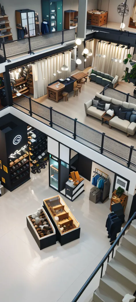 There was a big room，There is a lot of furniture and stairs inside, picture of an interior loft, high detailed store, retaildesignblog, hyper realisitc, true realistic image, photo for a store, Stores, Stores, Semi-realistic, Half realistic, interior of a ...