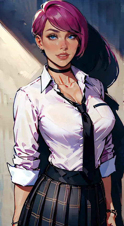 ch3rryg1g, masterpiece, best quality, 1girl, black choker, black necktie, Pink hair, short hair, pixie cut, blue skirt, blush, bracelet, clothes around waist, collarbone, open collared shirt, cowboy shot, dress shirt, ear piercing, eyebrows visible through...