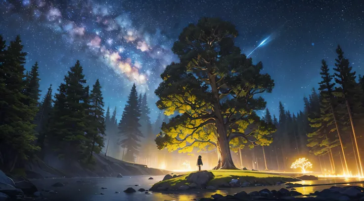 ​masterpiece、Background with((Fantastic starry sky、meteors、black hole))、Depth((Huge mysterious giant tree、It emits yellow light、plants))、a beauty girl、One-piece high-detail embroidery、