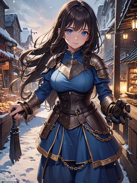 ((Extremely detailed)), 4K, ((cinematic lighting)), Close up, fantasy world, medieval, cobblestone city, wooden stone houses, snow, marketplace, market stalls, adult woman, dirty, guard, long brown hair, blue eyes, ((beautiful eyes)), happy look, blue tuni...