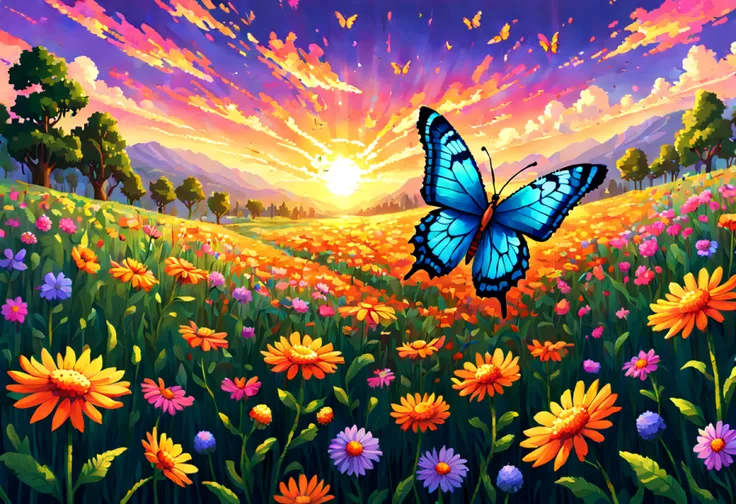 (pixel art:1.3) imagine an epic fantasy world where a (breathtaking butterfly swarm) takes flight through a vast enchanting field, picture a scene where the field stretches as far as the eye can see bathed in the warm glow of a setting sun, the field is ad...