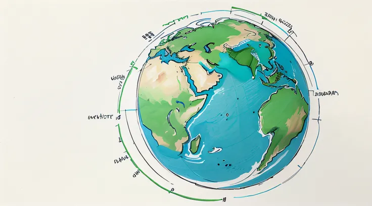 Green theme: Gouache line diagram, Sketch Earth, Full screen, environment friendly, Blue water on a white background