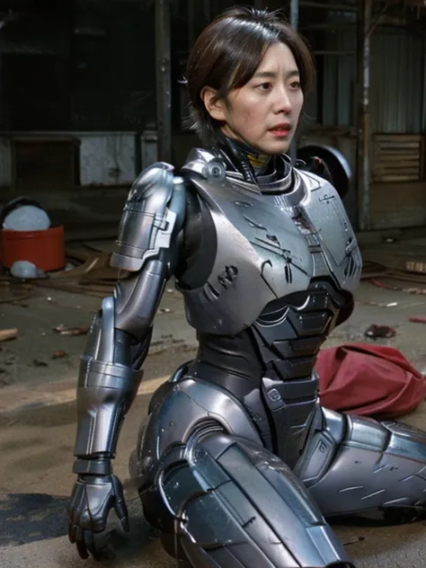 (((lie on your back on the ground.)))(lower your arms)female iron man　short-haired、sweaty face、heavy robot suit with red body、gu...