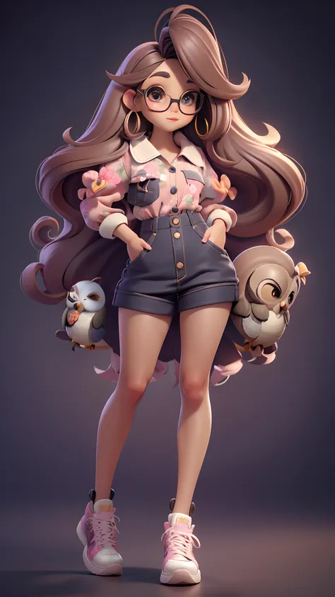 Bela tem o cabelo cacheado, preto e longo, His eyes are the color of hazelnut, Sua pele morena, deve estar vestida com uma roupa tons alegres floral , tons amarelos e detalhes doces;. She holds her extremely detailed cute mascot and cute owl with thin hoop...