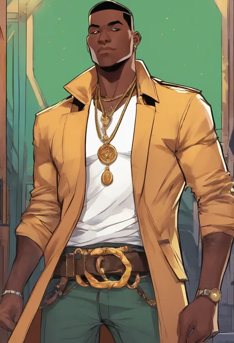 a close up of a dark skin person wearing fancy clothing consisting a jaguar spotted brown jacket, white tank top underneath jacket, dark gray jeans with a black belt on his waist, brown shoes with golden toe caps. He also wears two golden chain necklace in...