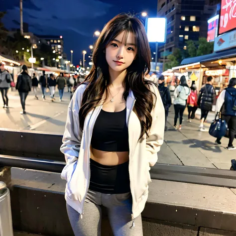 (Photoreal: 1.4), 20-year-old, asian, medium breasts, yoga pants, jacket, hands in jacket pockets, outdoor night market, night time