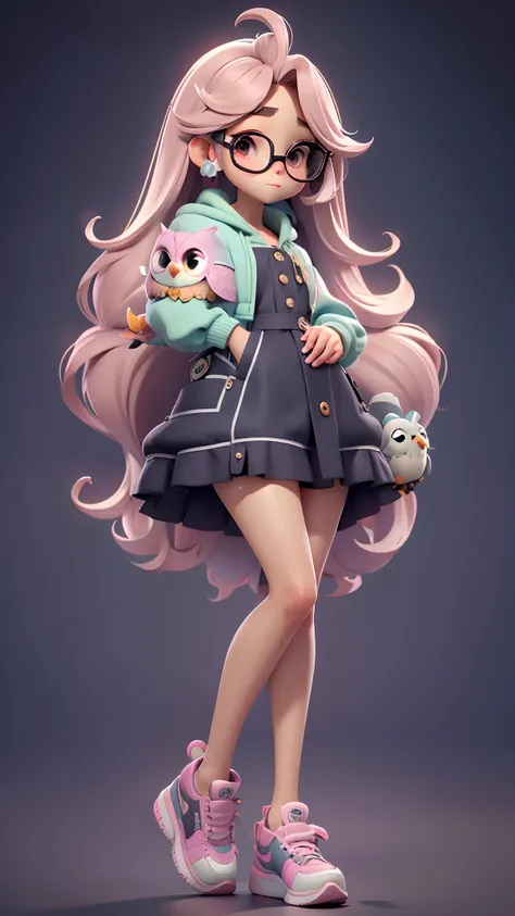 Bela tem o cabelo cacheado, Black and long his eyes are hazel, deve estar vestida com uma roupa tons pastel, tons amarelos e detalhes doces;. She holds her cute Mascot extremely detailed and cute owl with thin rimmed and delicate glasses). Certifique-se de...