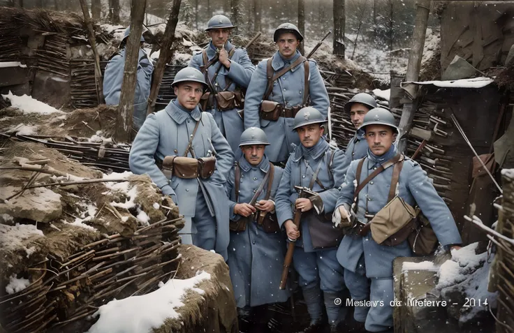 soldiers in uniforms posing for a group photo in a snowy area, colourized, colourised, in trenches, colorized, wwi, ww1 photo, c...