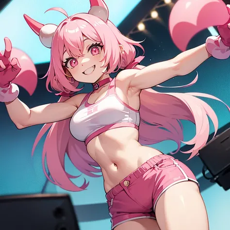 A woman with whiteish pink skin, bright pink eyes with heart pupils, crop top with short-shorts, long pink hair in pigtails, short pink horns on head, insane smile, perfect anatomy