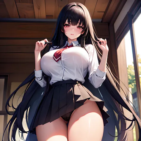 ((bestquality))、(Unparalleled Masterpiece)、(Ultra High definition)、high school girls、huge breasts、untied long black hair、Long Black Hair、Twisted eyes、long lashes、Cute big breasts with good style、underwear、big boobies、thights、Anime Style、Big accentuated、Nau...