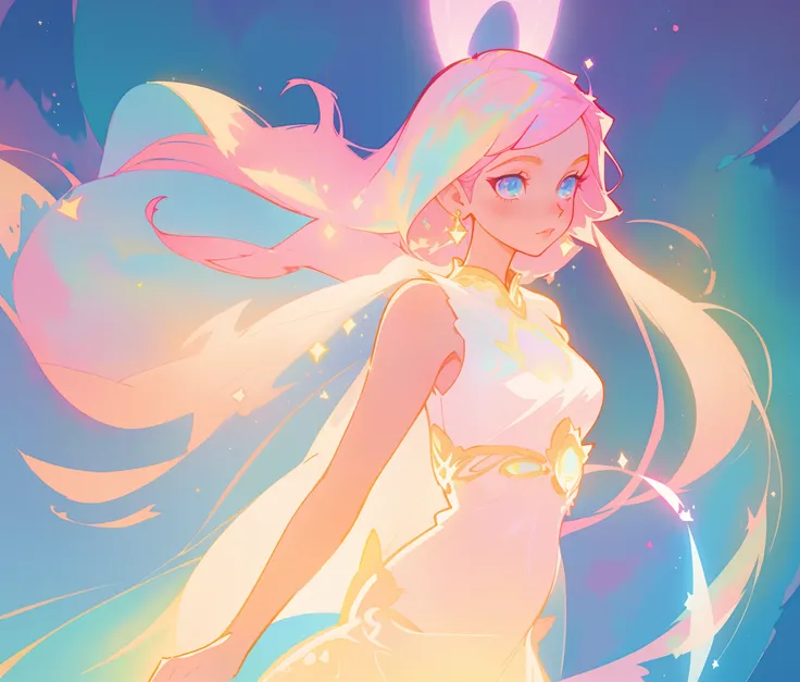 beautiful girl in white crop top and skirt, arabian princess, long colorful sparkling pink hair, watercolor illustration, Lois van Baarle, glowing aura around her, Glen Keane, jen bartel, glowing hair, beautiful digital illustration, fantasia background, b...