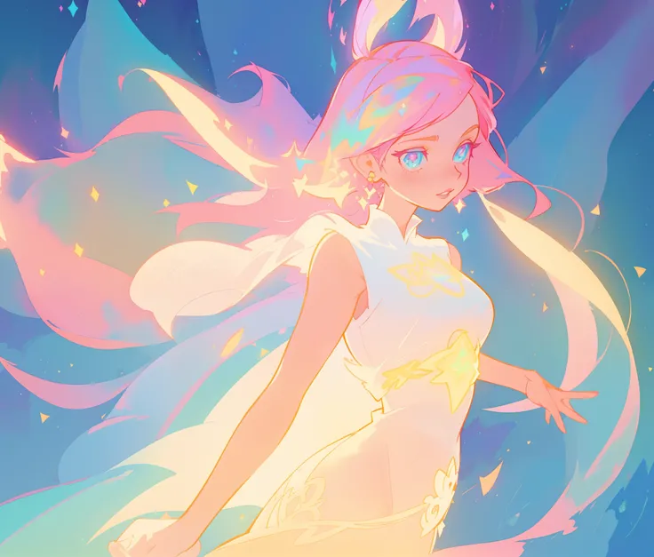 beautiful girl in white crop top and skirt, arabian princess, long colorful sparkling pink hair, watercolor illustration, Lois van Baarle, glowing aura around her, Glen Keane, jen bartel, glowing hair, beautiful digital illustration, fantasia background, b...