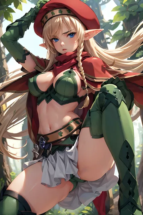 (masterpiece, best quality:1.2), 1girl, alleyne, elf, side braid, beret, cape, skirt, thighhighs, green footwear, thigh boots, elbow gloves, midriff, cleavage, alleyne, elf, side braid, large breasts, blonde hair, blue eyes,forest background,erected nipple...