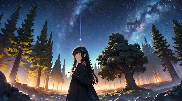 ​masterpiece、Background with((Fantastic starry sky、meteors、black hole))、Depth((Mysterious giant tree、Luminescent、plants))、a beauty girl、One-piece high-detail embroidery、