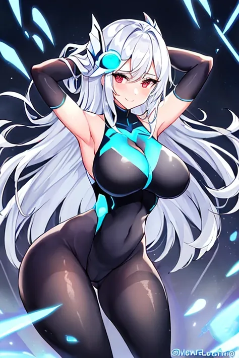 1girl, white hair, large breasts, breasts, thick thighs, wide hips, red eyes, bodysuit, black bodysuit, pantyhose, long hair, light smile, happy, science-fiction, tech, futuristic, black pantyhose, thighhighs, neon, machinery, hair ornament, ornament, neon...