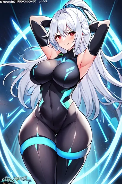 1girl, white hair, large breasts, breasts, thick thighs, wide hips, red eyes, bodysuit, black bodysuit, pantyhose, long hair, light smile, happy, science-fiction, tech, futuristic, black pantyhose, thighhighs, neon, machinery, hair ornament, ornament, neon...