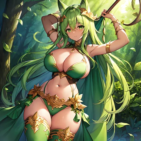 fantasy, 1forest_elemental_girl, (dark_skin)0.9, (using_leaves_clothes, green_leaves_covered_breasts, leaves_covered_pussy)+++,(gigantic_heavy_tits:1.1), walking, (smile, sleepy)+, medium_hair, navel,(plump:0.9), oil, (winding_vine_around_torso)++, forest_...