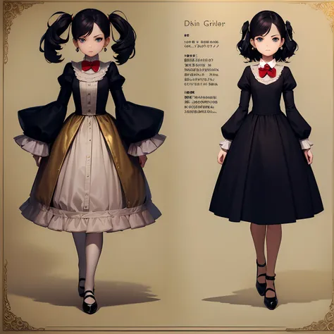 Reference sheet for a cute 12 years girl from a rich family, drawn in anime style, childlike, short black hair, hair pins, blue eyes, earrings, flat chested, red victorian gown with puffy sleeves, bow tie, ribbons, mary jane shoes, white stockings, makeup,...