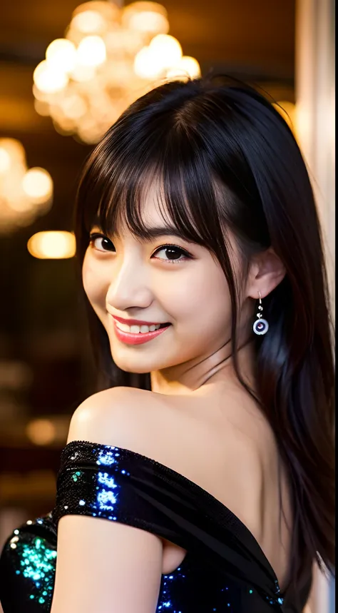 Best-Quality, Masterpiece, Ultra-High-Resolution, (Photorealistic:1.4), Raw-Photo, Extremely-Details, Perfect-Anatomy, 1girl, 18-years-old, the most famous Japanese actress, in gorgeous hotel suite, wearing only glitzy evening dress, portrait, ((very compl...