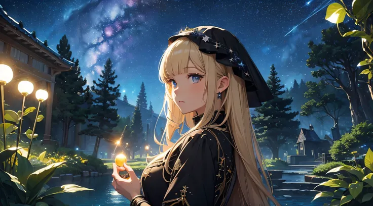 ​masterpiece、Background with((Fantastic starry sky、meteors、black hole))、Depth((Mysterious giant tree、Luminescent、plants))、front（（a beauty girl、One-piece high-detail embroidery、a blond））