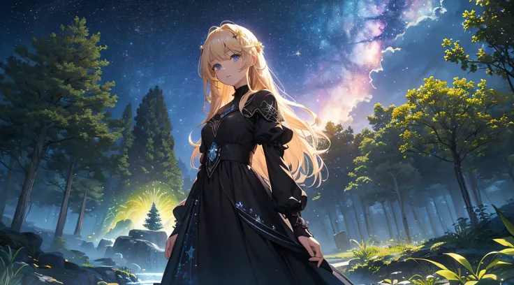 ​masterpiece、Background with((Fantastic starry sky、meteors、black hole))、Depth((Mysterious giant tree、Luminescent、plants))、front（（a beauty girl、One-piece high-detail embroidery、a blond））