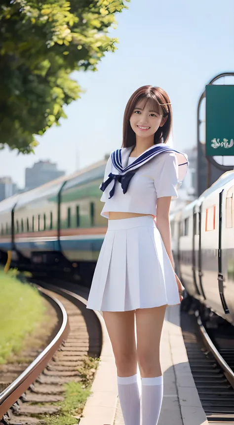 Ultra high-definition images,In the street,fullbody image, 1girl in, Solo, , White top and bottom sailor suit,Full Body Image Cloud, Brown hair,  High-Definition Lens,fullbody image, Smile and turn to me，Facing here,fullbody image,The Sky Tree is visible i...