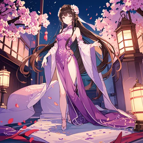 (Best quality,A high resolution,Clear image:1.2),Ultra-detailed background,Beautiful woman,standing on your feet，Purple dress，Chinese style clothes,Delicate petals,Garden scene,Under the moonlight,Romantic atmosphere,Dutch Angle Shot,Soft lighting,shelmet