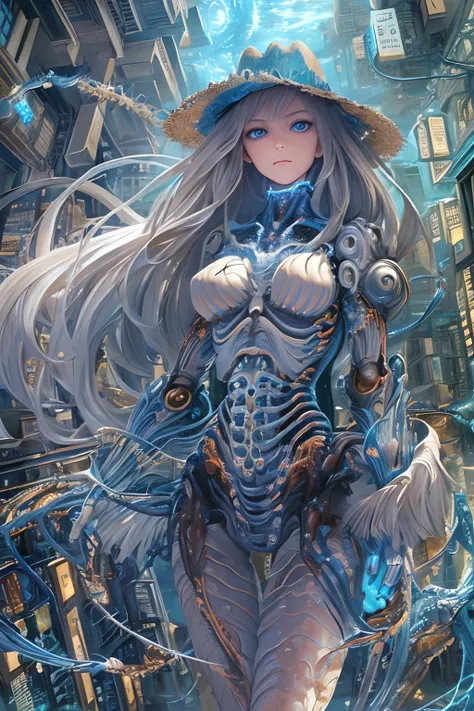 masterpiece, best quality, ultra-detailed, absurdres, colorful, 1girl, solo, (blue eyes:1.0), (long hair, straight hair:1.0), detailed eyes, wide-eyed, eyelashes, fractal, mechanical, science fiction, cowboy shot, veins, (gradient background:0.6), infinite...