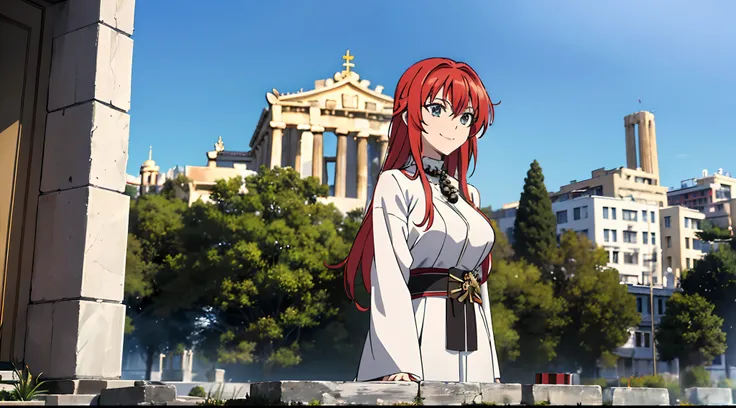 (((picture perfect))), (absurdres), 1girl, solo, rias gremory, wearing white robe and long skirt,praying beads on neck, Athens temple in background, smile, (((upper body)))