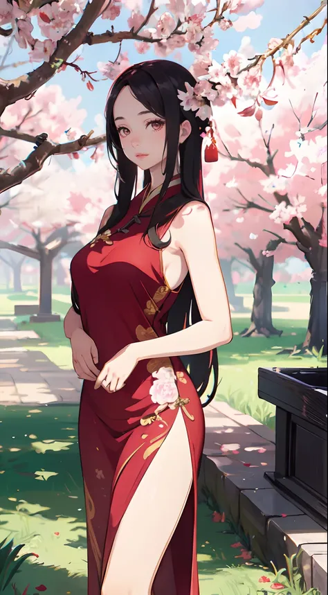 A beautiful girl in ancient China, aloof temperament, rose red long dress, huge plum blossoms, standing under a tree, sunshine, clear face, masterpiece, super detailed, epic composition, high quality, highest quality, 16k