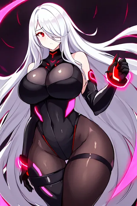 1girl, white hair, large breasts, breasts, thick thighs, wide hips, red eyes, bodysuit, black bodysuit, pantyhose, long hair, science-fiction, tech, futuristic, black pantyhose, neon, neon trim, anime style, 2d, anime screencap, red neon trim, hourglass fi...