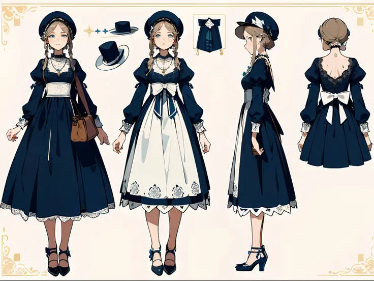 (Masterpiece, best quality) detailed, character sheet, character sheet, many items (same person, dress, necklace, lace, bow, hat, handbag, shoes, fan, decoration, many parts), aristocratic girl, gentle, cute, good-looking skirt, dinner, full of details